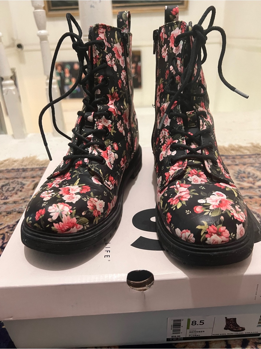 Floral Lace-Up Combat Boots - Black Pink Rose Pattern